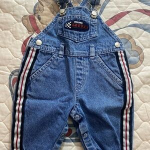 Vintage Y2K Old Navy Kids Denim Overalls with Racing Stripes